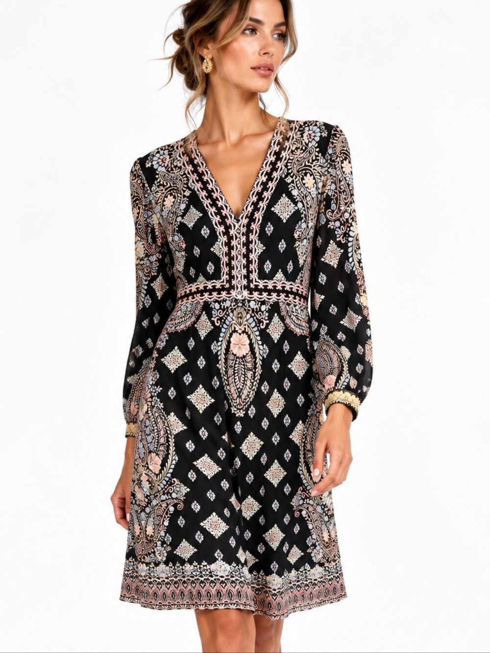 Hale Bob Dress Black Paisley Midi Long Sleeve NWT